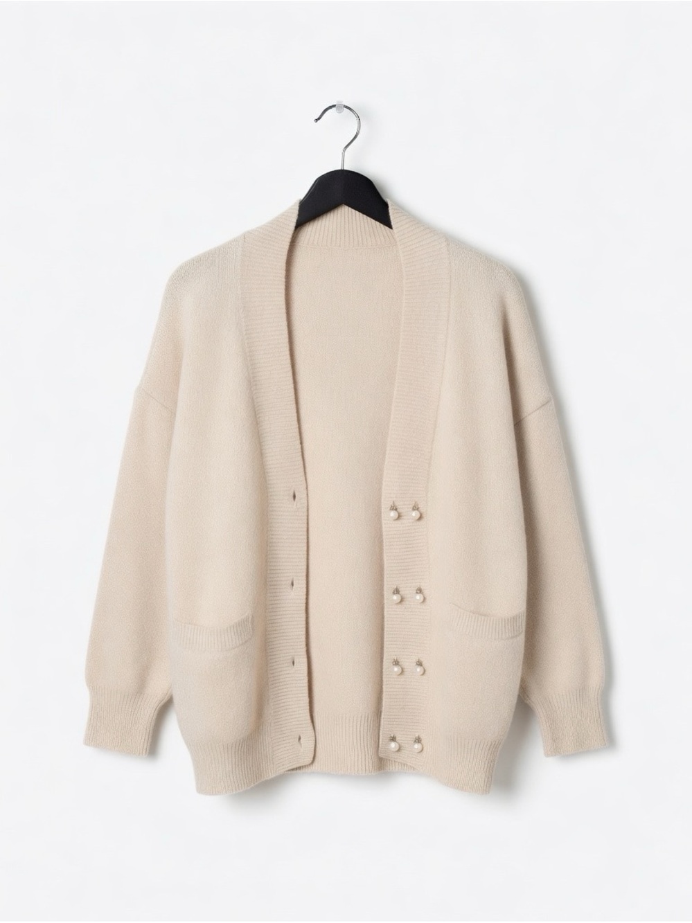 Cream Open-Front Pearl Button Cardigan Sweater
